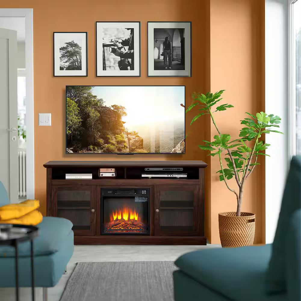60 In. Freestanding Electric Fireplace TV Stand in Brown