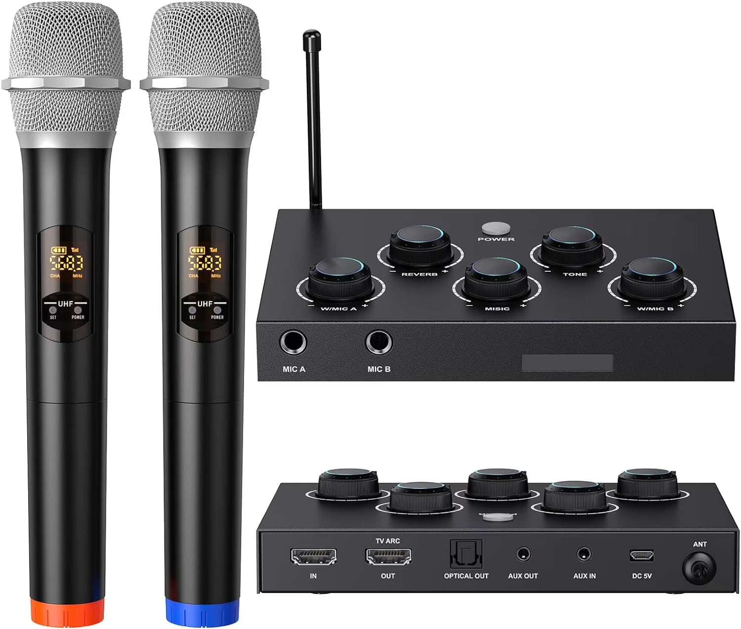 Portable Karaoke Microphone Mixer System Set with Dual UHF Wireless, Black