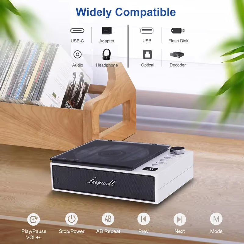 BYH-201 DVD Player Wireless CD Machine Portable Retro Disc Album CD Player Built-In Speakers with with Earphone Remote Control