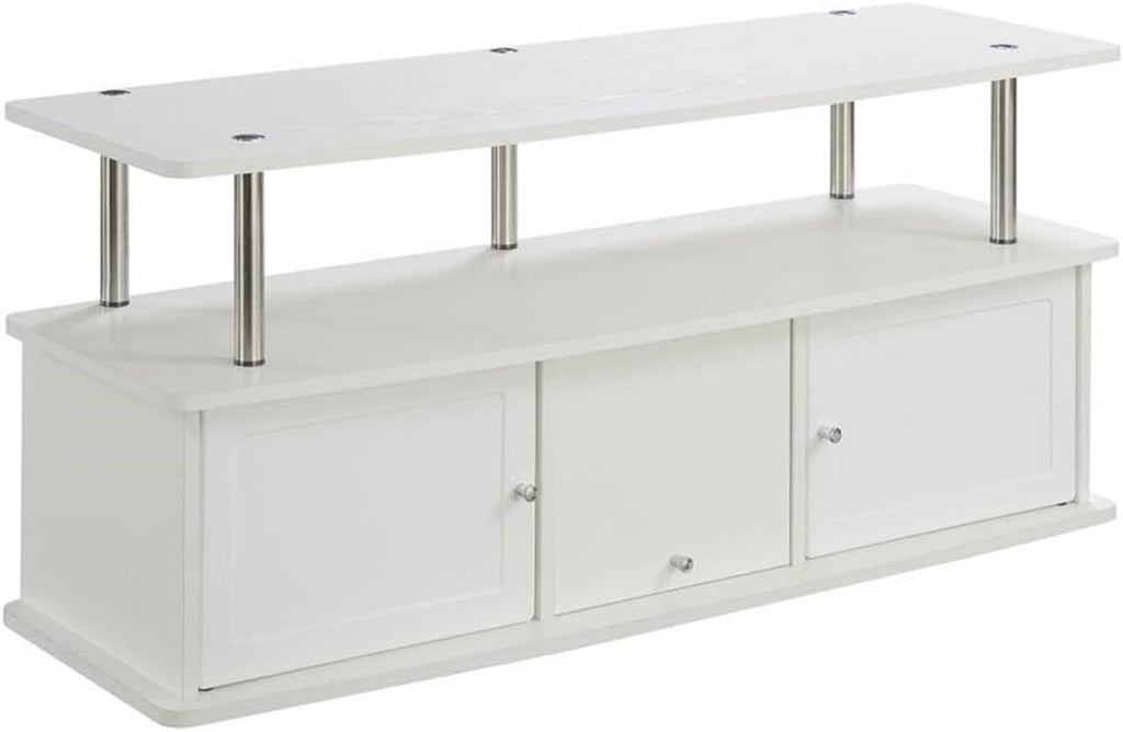 Easy Assembly 47" TV Stand Entertainment Console with 3 Storage Cabinets in White and Stainless Steel Clad Finish