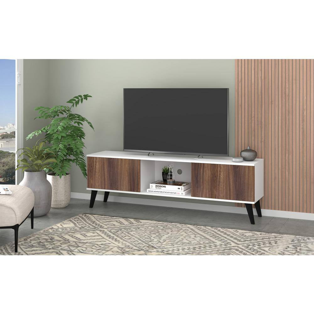 Saratoga 62.2 In. White and Nut Brown TV Stand Fits Tvs up to 60 In. with Storage Doors and Cable Management