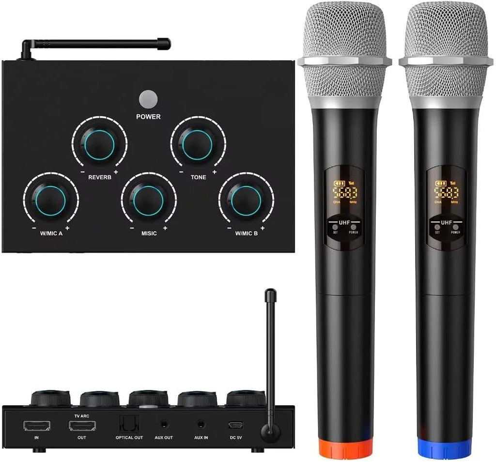 Portable Karaoke Microphone Mixer System Set with Dual UHF Wireless, Black