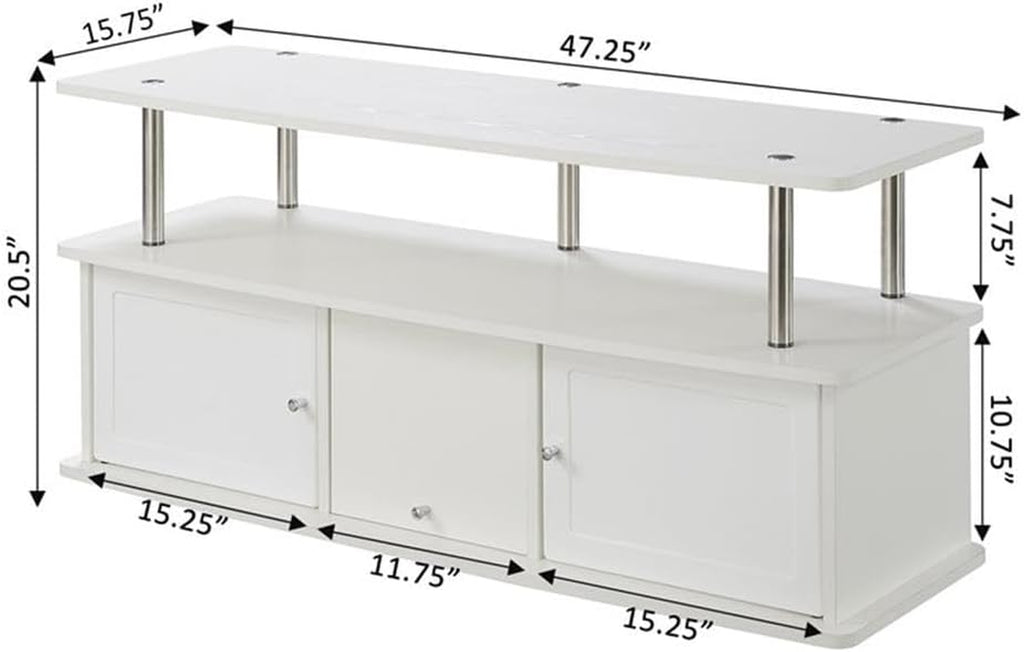 Easy Assembly 47" TV Stand Entertainment Console with 3 Storage Cabinets in White and Stainless Steel Clad Finish