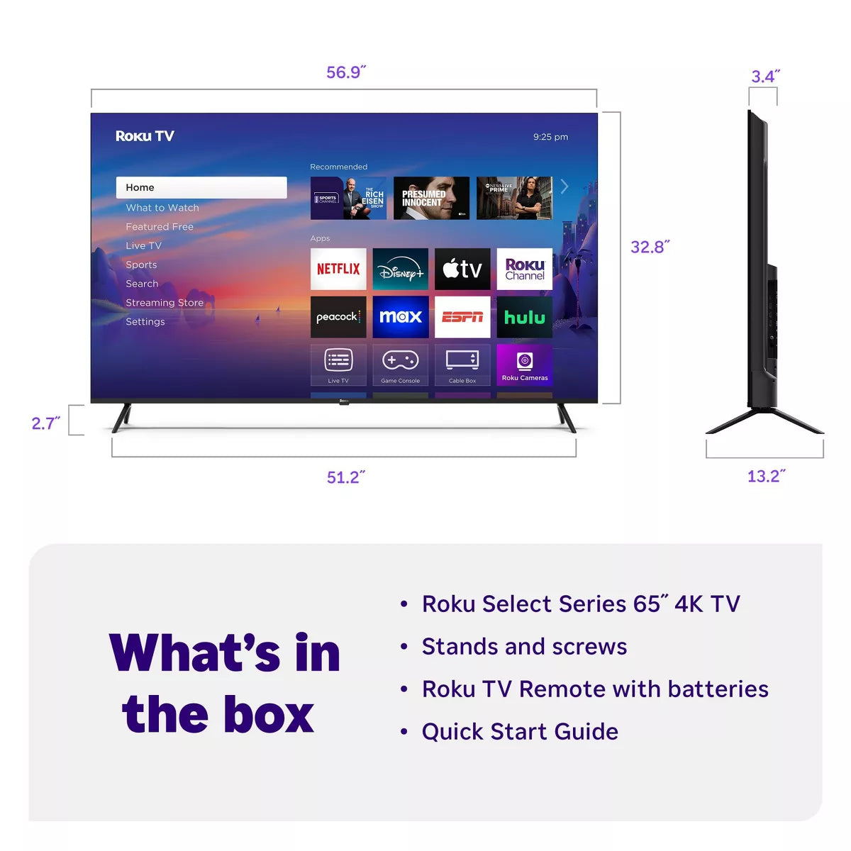 Roku 65" Select Series 4K HDR Smart Roku TV with Roku TV Remote: LED, Wi-Fi, HDMI