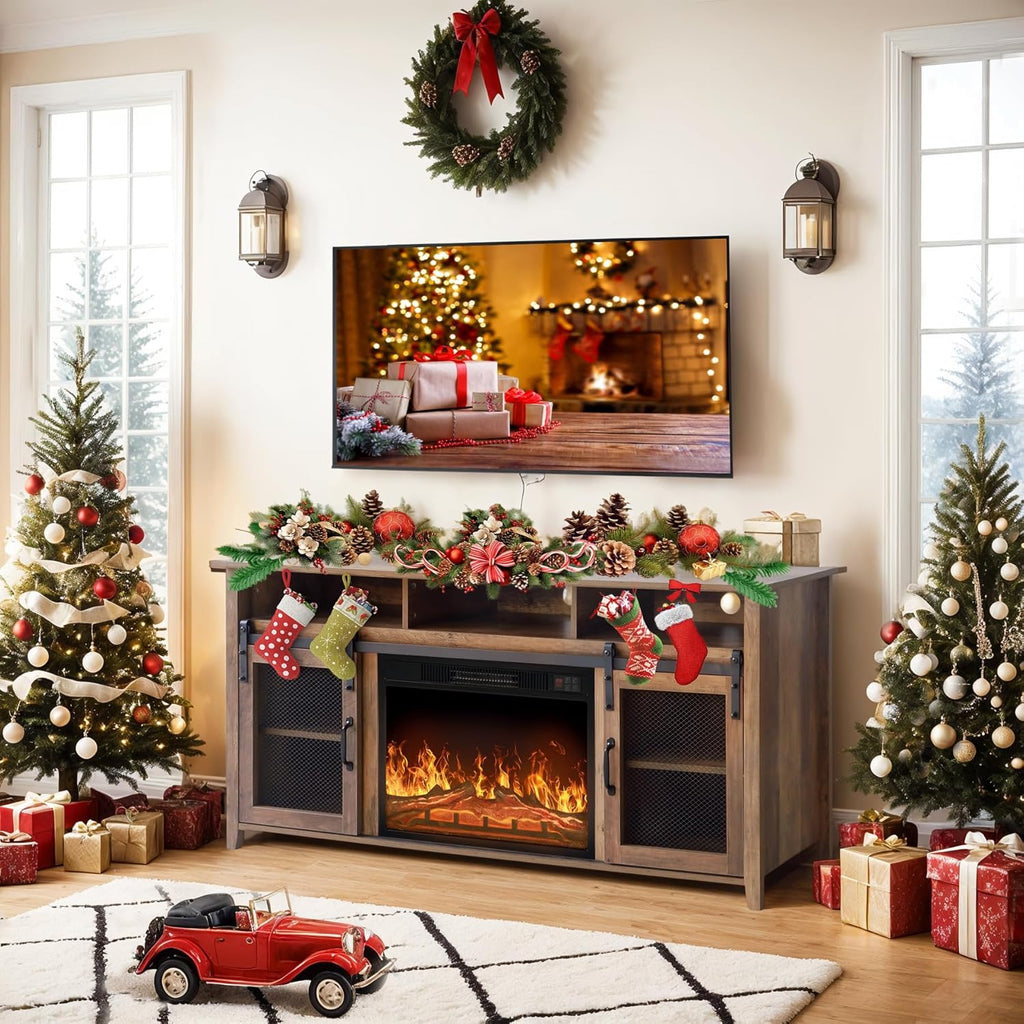 Fireplace TV Stand up to 65",Media Storage Electric Fireplace Tv Stands for Living Room (Rustic Oak)