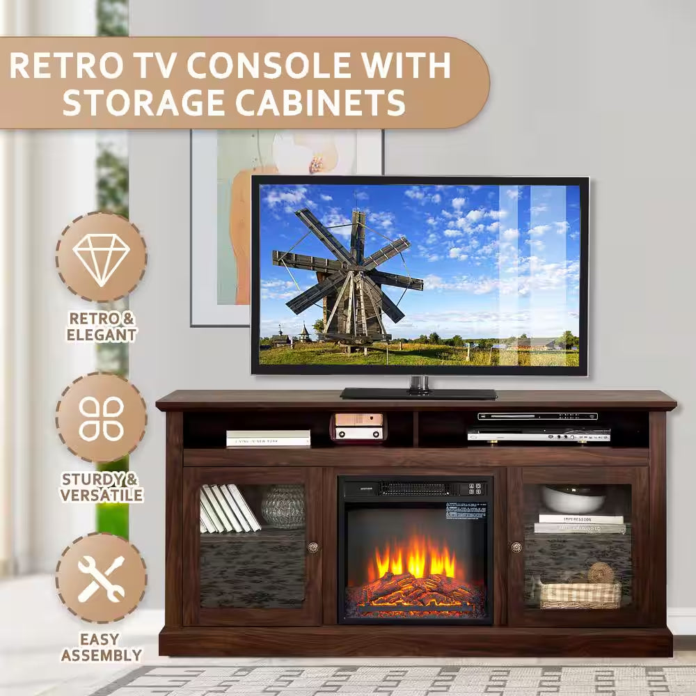 60 In. Freestanding Electric Fireplace TV Stand in Brown