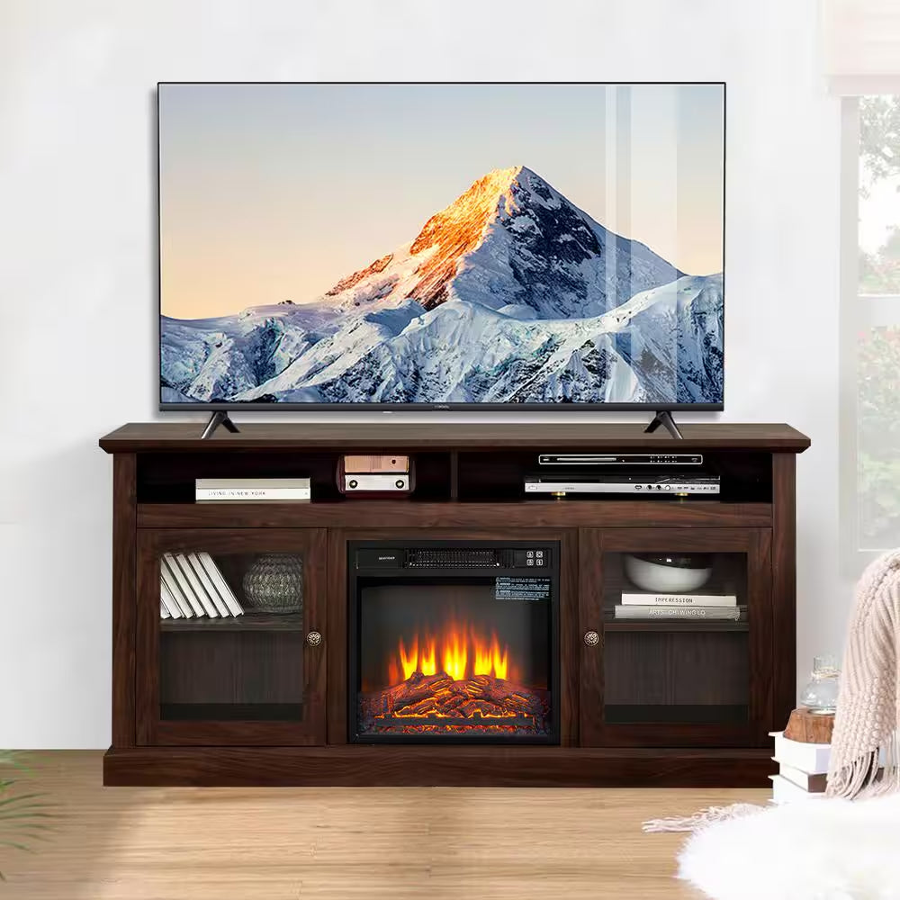 60 In. Freestanding Electric Fireplace TV Stand in Brown