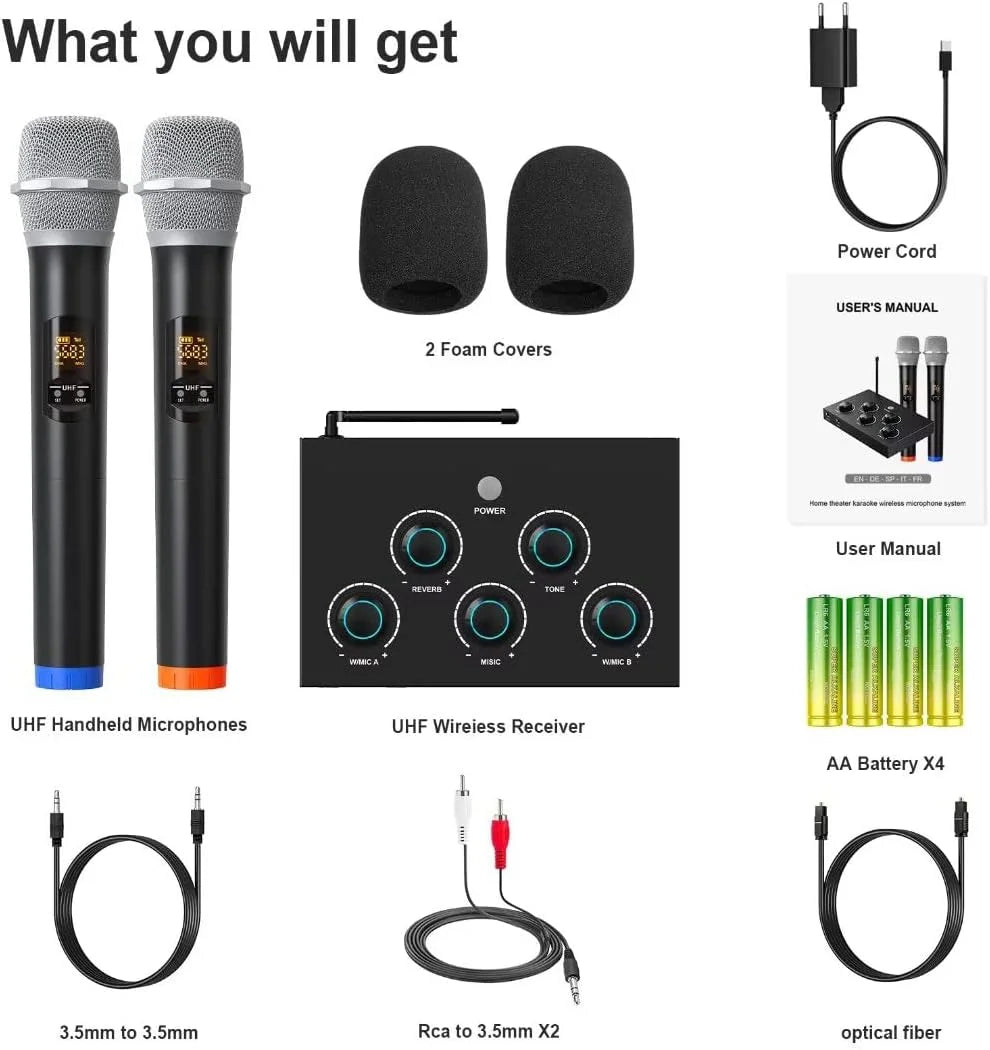 Portable Karaoke Microphone Mixer System Set with Dual UHF Wireless, Black