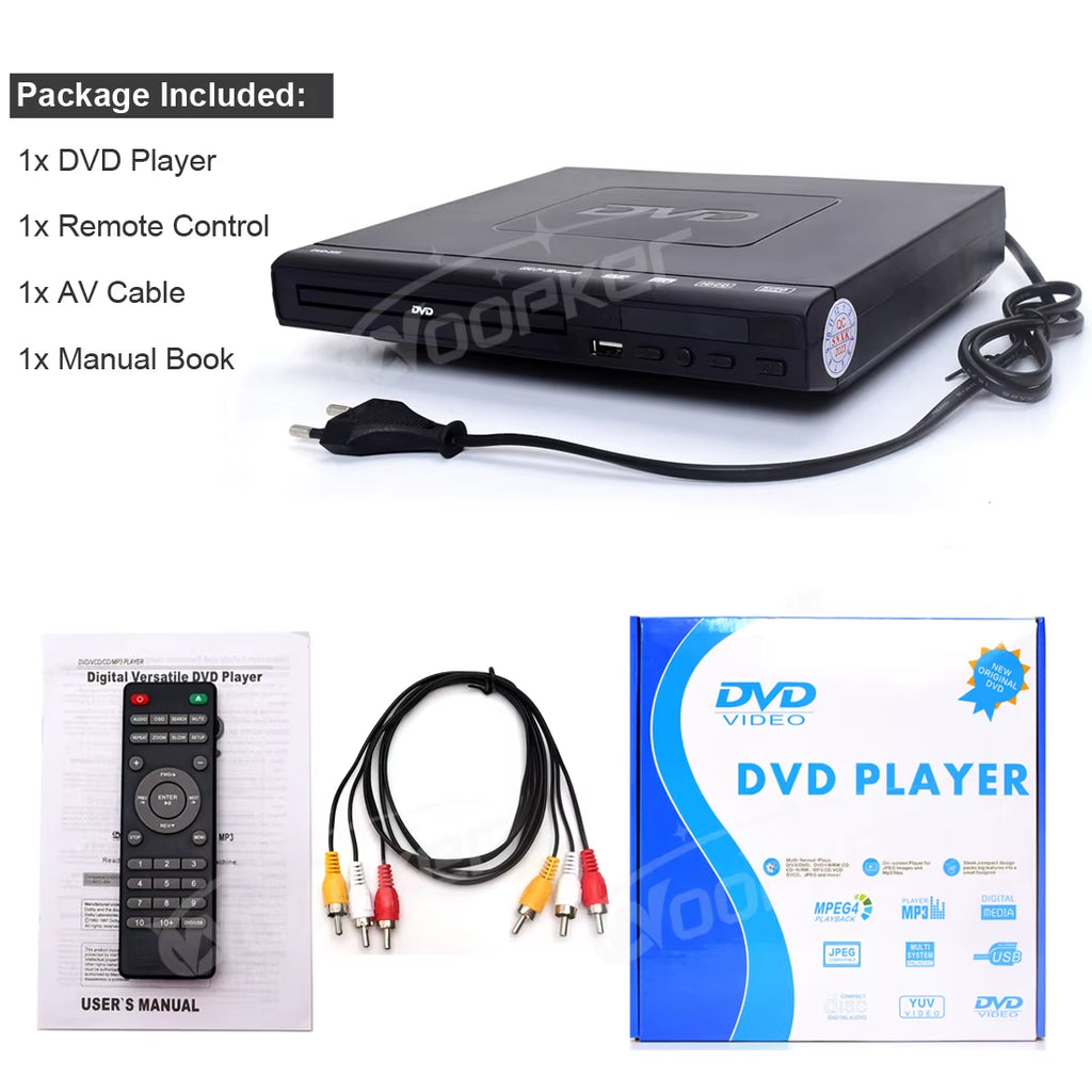 DVD Player 225 Region Free LED Display with Remote Control AV Output Support VCD CD Disc and USB Input