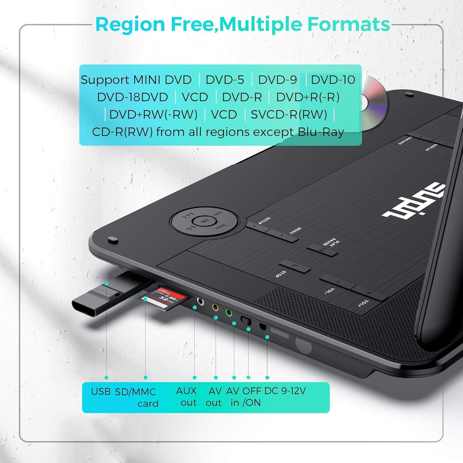 17.9" Portable DVD Player with 15.6" Large HD Swivel Screen, 6 Hours Rechargeable Battery CD Player Support AV In&Out/Usb/Sd Card/Sync TV, Region-Free DVD Player with Remote Controller, Black