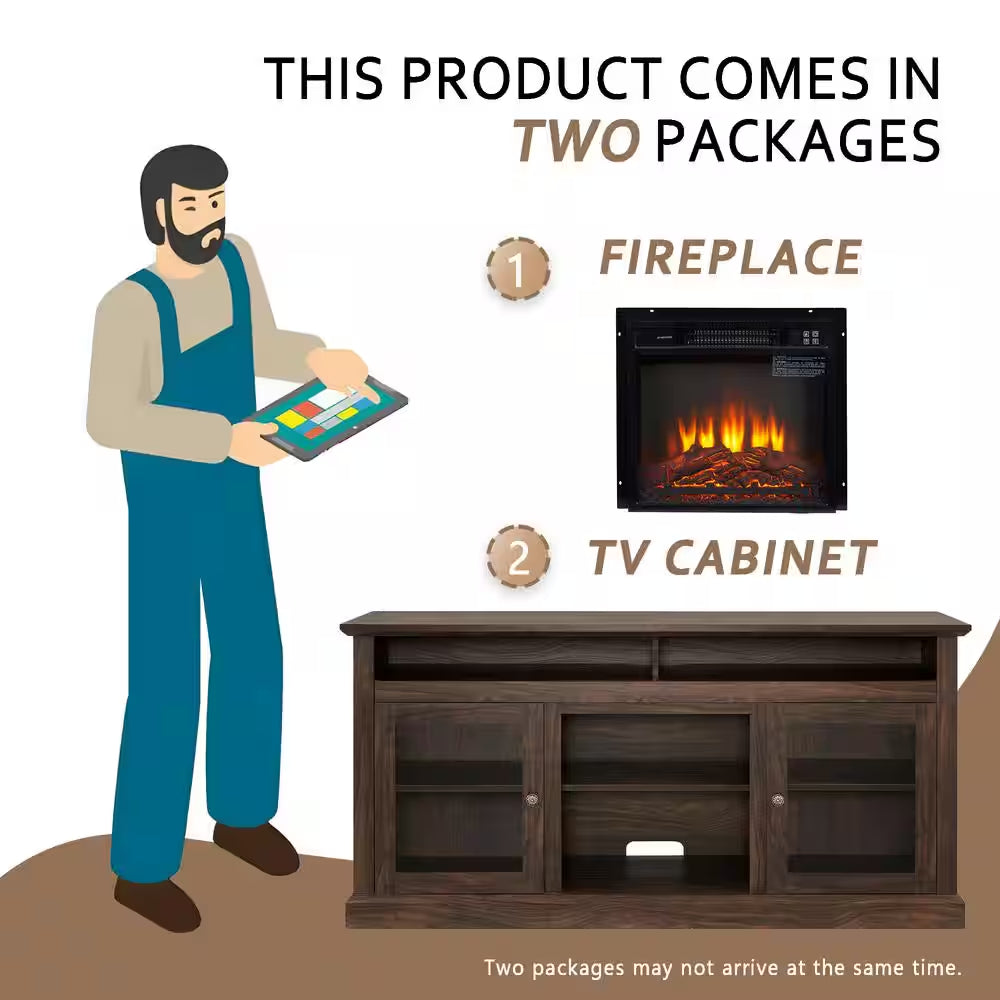 60 In. Freestanding Electric Fireplace TV Stand in Brown