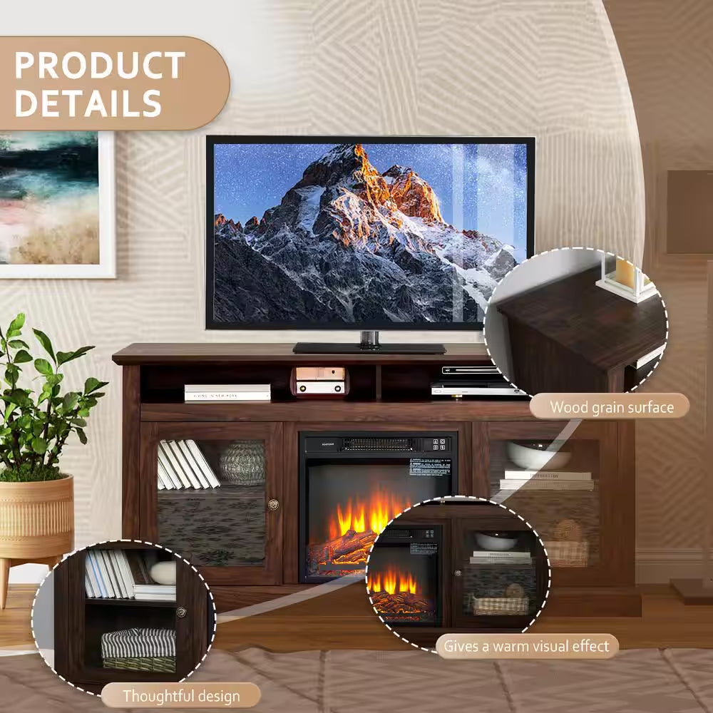 60 In. Freestanding Electric Fireplace TV Stand in Brown