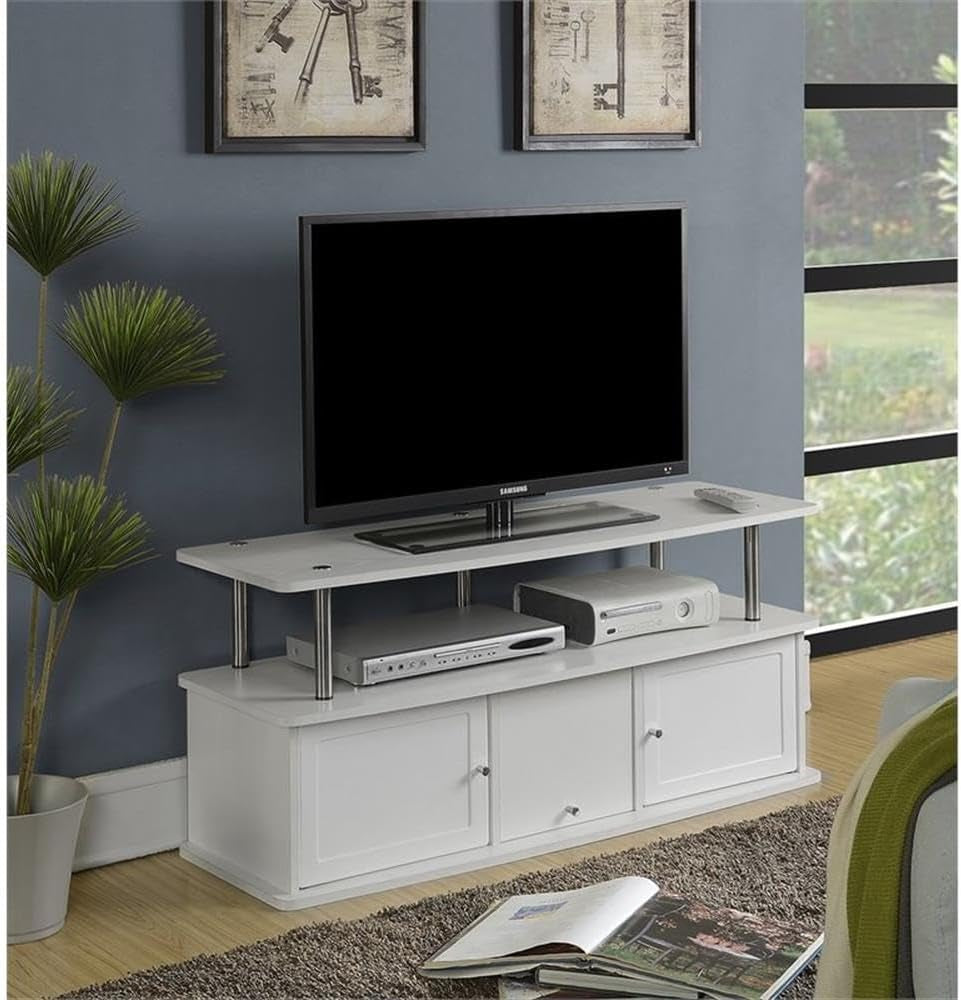 Easy Assembly 47" TV Stand Entertainment Console with 3 Storage Cabinets in White and Stainless Steel Clad Finish
