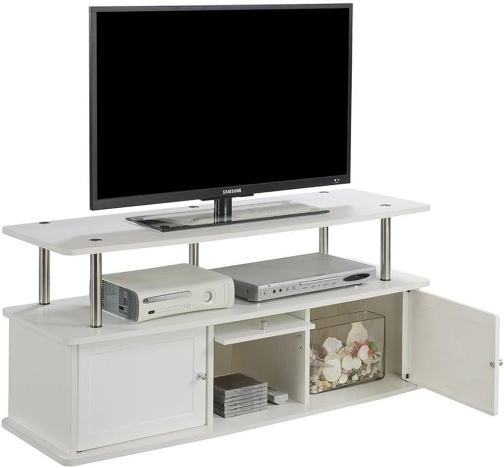 Easy Assembly 47" TV Stand Entertainment Console with 3 Storage Cabinets in White and Stainless Steel Clad Finish