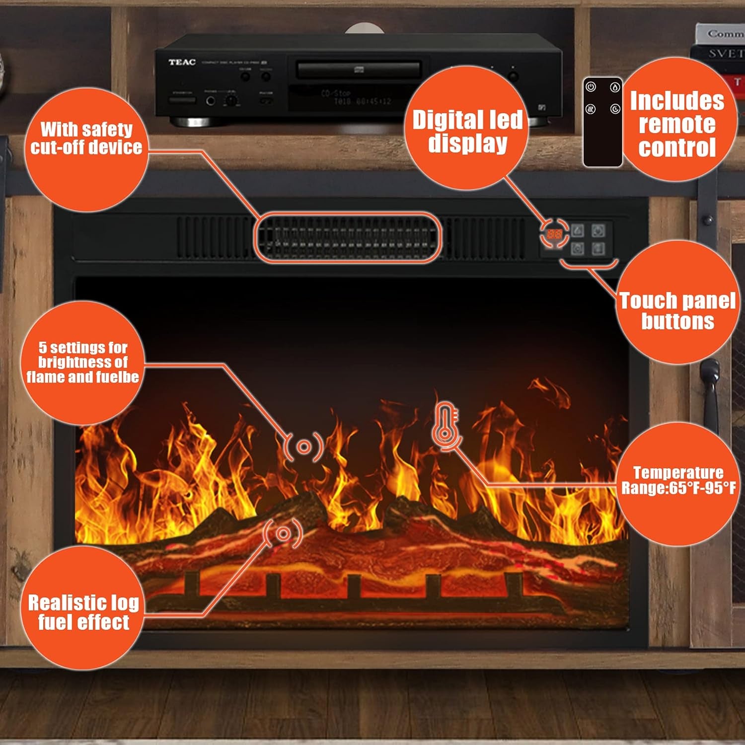 Fireplace TV Stand up to 65",Media Storage Electric Fireplace Tv Stands for Living Room (Rustic Oak)