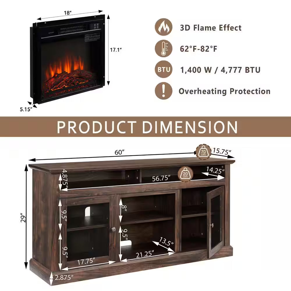 60 In. Freestanding Electric Fireplace TV Stand in Brown